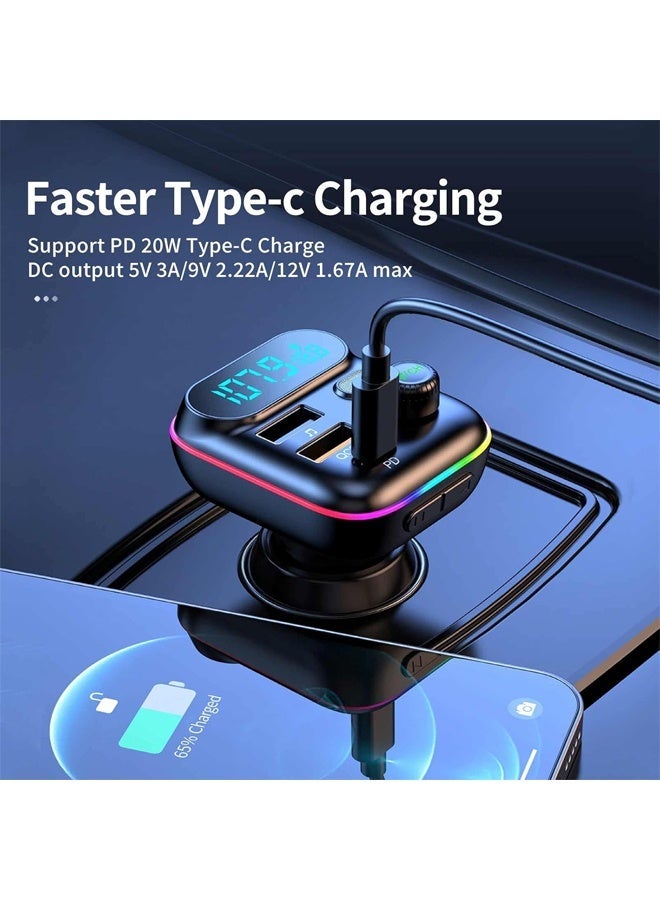 Bluetooth Adapter for Car, Wireless FM Radio Transmitter, Wireless Bluetooth 5.0, MP3 Music Player, QC3.0 + PD 20W USB Car Charger, 7 Colors LED Backlit - Image 4