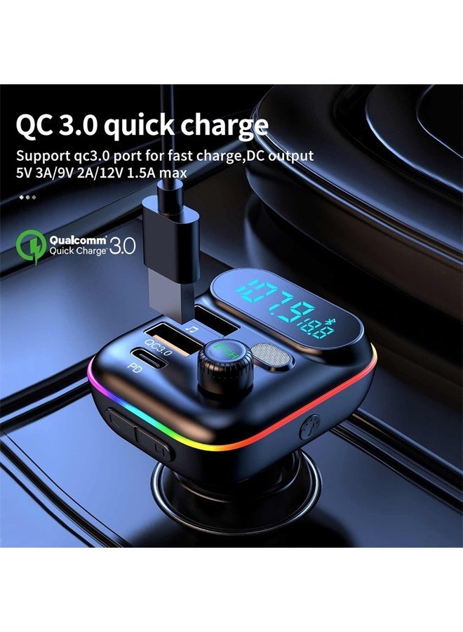 Bluetooth Adapter for Car, Wireless FM Radio Transmitter, Wireless Bluetooth 5.0, MP3 Music Player, QC3.0 + PD 20W USB Car Charger, 7 Colors LED Backlit - Image 5