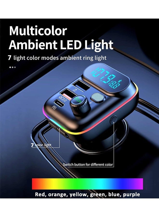 Bluetooth Adapter for Car, Wireless FM Radio Transmitter, Wireless Bluetooth 5.0, MP3 Music Player, QC3.0 + PD 20W USB Car Charger, 7 Colors LED Backlit - Image 2