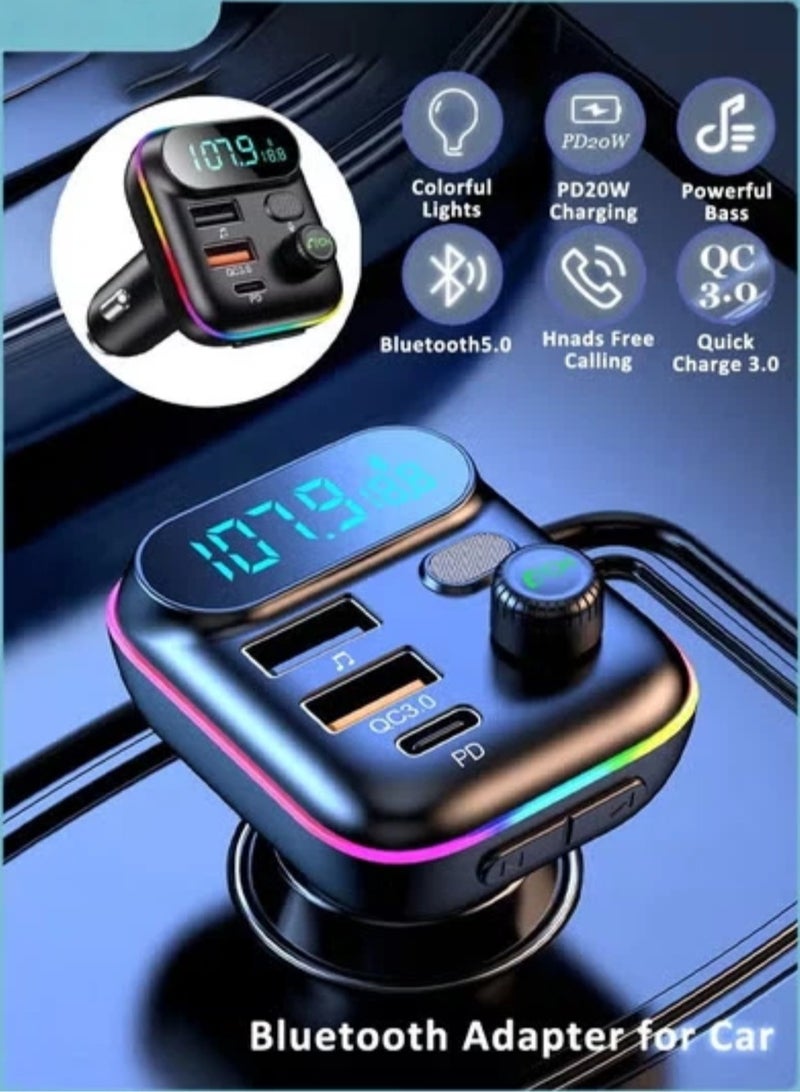 Bluetooth Adapter for Car, Wireless FM Radio Transmitter, Wireless Bluetooth 5.0, MP3 Music Player, QC3.0 + PD 20W USB Car Charger, 7 Colors LED Backlit - Image 1