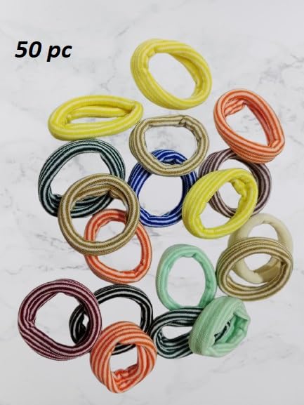 Plenteous Premium Cotton Stretch Hair Ties for Women Girls Soft NoDamage MultiColour Ponytail Holders with White Stripes Rubber Elastic Bands for Hair Styling Multicolor 50 pc - Image 2