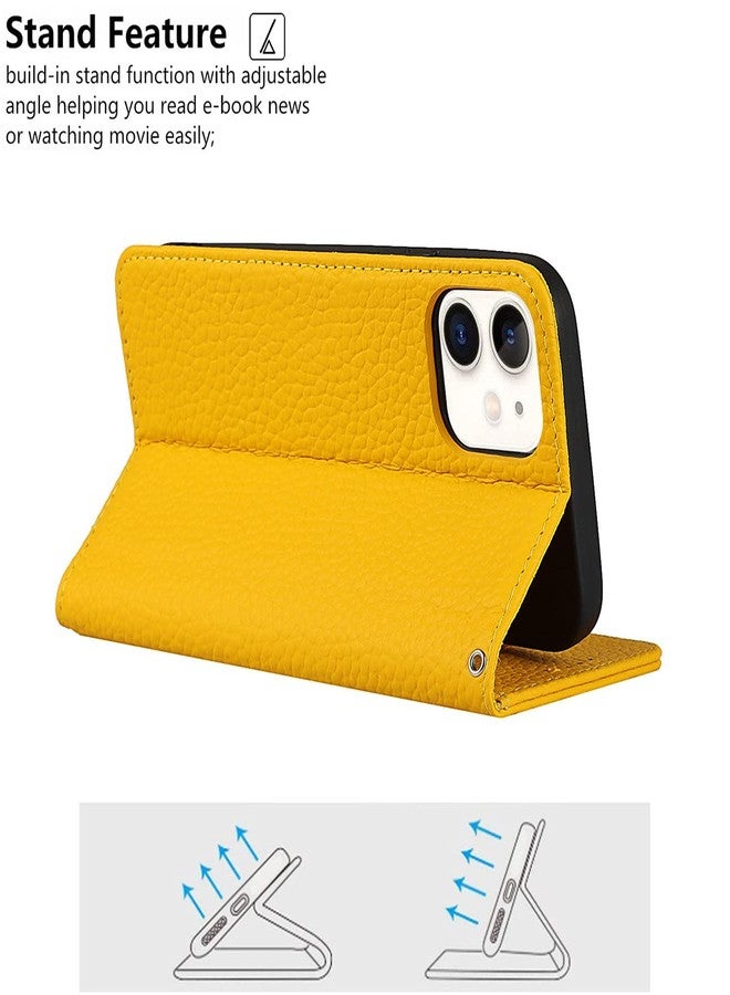 آي كوفر كايس جراب iCoverCase متوافق مع هاتف iPhone 12 Mini، جراب محفظة مع حامل بطاقات ائتمان وحزام معصم، غطاء هاتف مغناطيسي قابل للطي من الجلد الطبيعي مع خاصية حجب RFID، مقاس 5.4 بوصة (أصفر) - Image 5