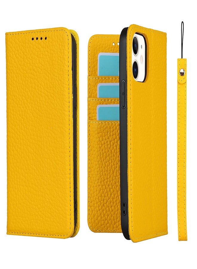 آي كوفر كايس جراب iCoverCase متوافق مع هاتف iPhone 12 Mini، جراب محفظة مع حامل بطاقات ائتمان وحزام معصم، غطاء هاتف مغناطيسي قابل للطي من الجلد الطبيعي مع خاصية حجب RFID، مقاس 5.4 بوصة (أصفر) - Image 1