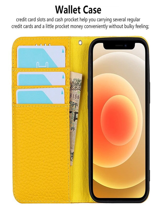 آي كوفر كايس جراب iCoverCase متوافق مع هاتف iPhone 12 Mini، جراب محفظة مع حامل بطاقات ائتمان وحزام معصم، غطاء هاتف مغناطيسي قابل للطي من الجلد الطبيعي مع خاصية حجب RFID، مقاس 5.4 بوصة (أصفر) - Image 4