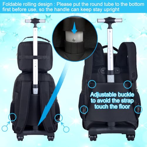 HPJGD 3PCS Rolling Backpack for Girls and Boys, Black School Backpacks with Wheels, Water Resistant Roller Wheeled Bookbag Set for Women Men - Image 2