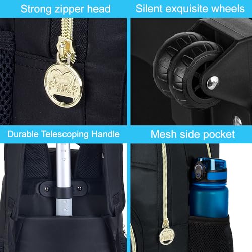 HPJGD 3PCS Rolling Backpack for Girls and Boys, Black School Backpacks with Wheels, Water Resistant Roller Wheeled Bookbag Set for Women Men - Image 5