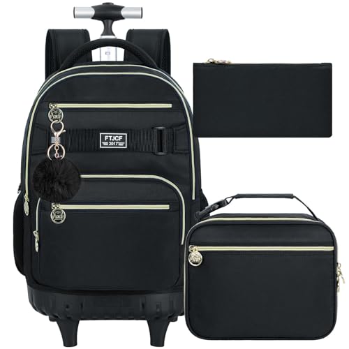 HPJGD 3PCS Rolling Backpack for Girls and Boys, Black School Backpacks with Wheels, Water Resistant Roller Wheeled Bookbag Set for Women Men - Image 1