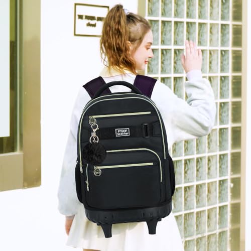 HPJGD 3PCS Rolling Backpack for Girls and Boys, Black School Backpacks with Wheels, Water Resistant Roller Wheeled Bookbag Set for Women Men - Image 3