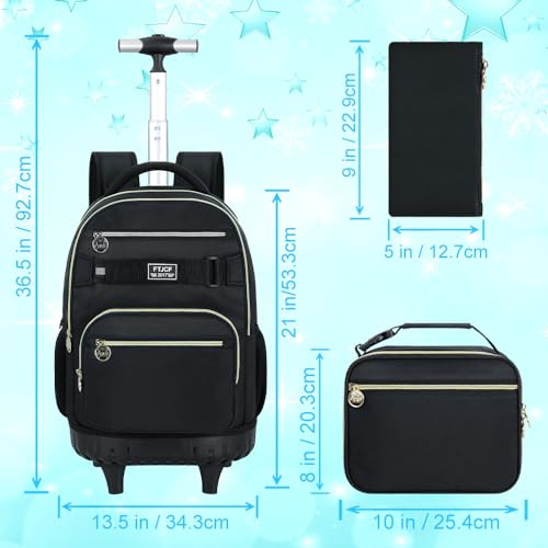 HPJGD 3PCS Rolling Backpack for Girls and Boys, Black School Backpacks with Wheels, Water Resistant Roller Wheeled Bookbag Set for Women Men - Image 4