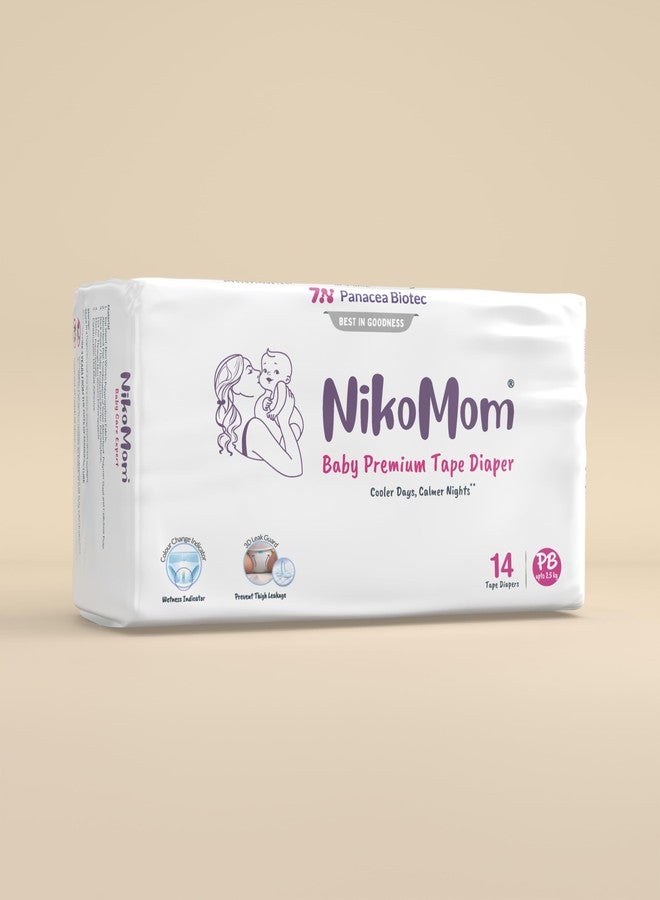 NikoMom Tape Diaper Premie Baby (PB) Upto 150ml storage capacity for Babies Weighing upto 2.5 Kg Pack of 14 Diapers Easy to Wear and Remove Ultra Soft & Dry, Breathable All-Night Protection Value Pack - Image 1