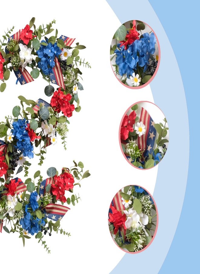 Egolot Patriotic Hydrangea Red White Blue Flower Garland Wreath for Front Door, Forth of July Independence Day Indoor Outdoor Decor Garland, American Flag Ribbon Floral Home Decor - Image 2