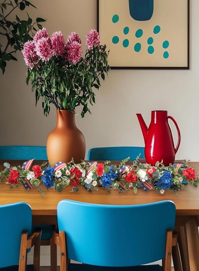 Egolot Patriotic Hydrangea Red White Blue Flower Garland Wreath for Front Door, Forth of July Independence Day Indoor Outdoor Decor Garland, American Flag Ribbon Floral Home Decor - Image 4