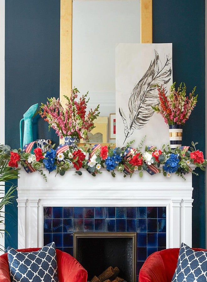 Egolot Patriotic Hydrangea Red White Blue Flower Garland Wreath for Front Door, Forth of July Independence Day Indoor Outdoor Decor Garland, American Flag Ribbon Floral Home Decor - Image 3