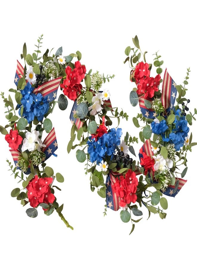 Egolot Patriotic Hydrangea Red White Blue Flower Garland Wreath for Front Door, Forth of July Independence Day Indoor Outdoor Decor Garland, American Flag Ribbon Floral Home Decor - Image 1