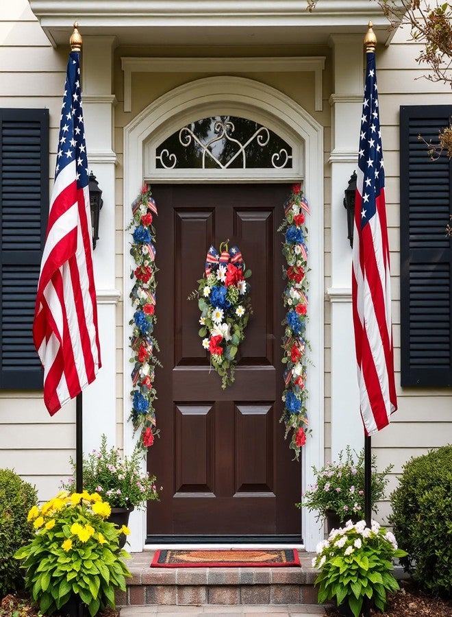 Egolot Patriotic Hydrangea Red White Blue Flower Garland Wreath for Front Door, Forth of July Independence Day Indoor Outdoor Decor Garland, American Flag Ribbon Floral Home Decor - Image 5