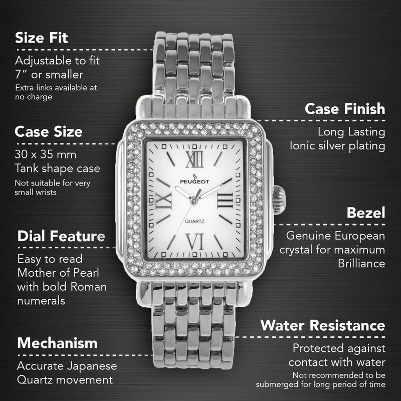 Peugeot Women Rectangle Dress Watch with Crystal Decorated Bezel, Roman Numerals and Bracelet - Image 2