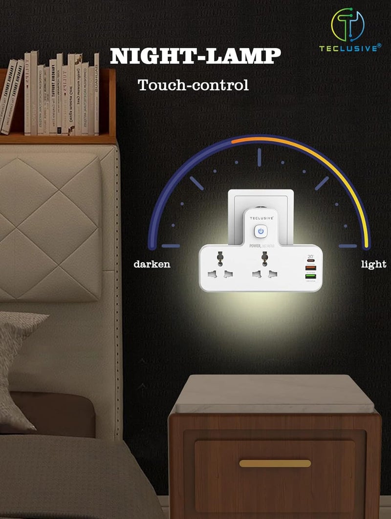 T Teclusive 2500W 10A Extension Power Strip with USB Ports 2 Power Socket with 20W Type C USB PD QC 30 Fast Charging Multi Port Extension with Touch Night Lamp - Image 2