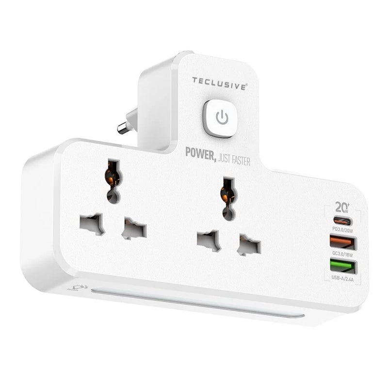 T Teclusive 2500W 10A Extension Power Strip with USB Ports 2 Power Socket with 20W Type C USB PD QC 30 Fast Charging Multi Port Extension with Touch Night Lamp - Image 1