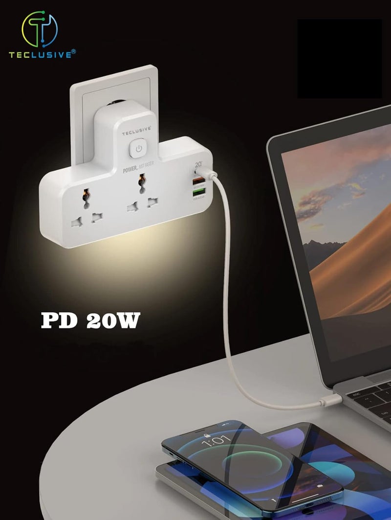 T Teclusive 2500W 10A Extension Power Strip with USB Ports 2 Power Socket with 20W Type C USB PD QC 30 Fast Charging Multi Port Extension with Touch Night Lamp - Image 3