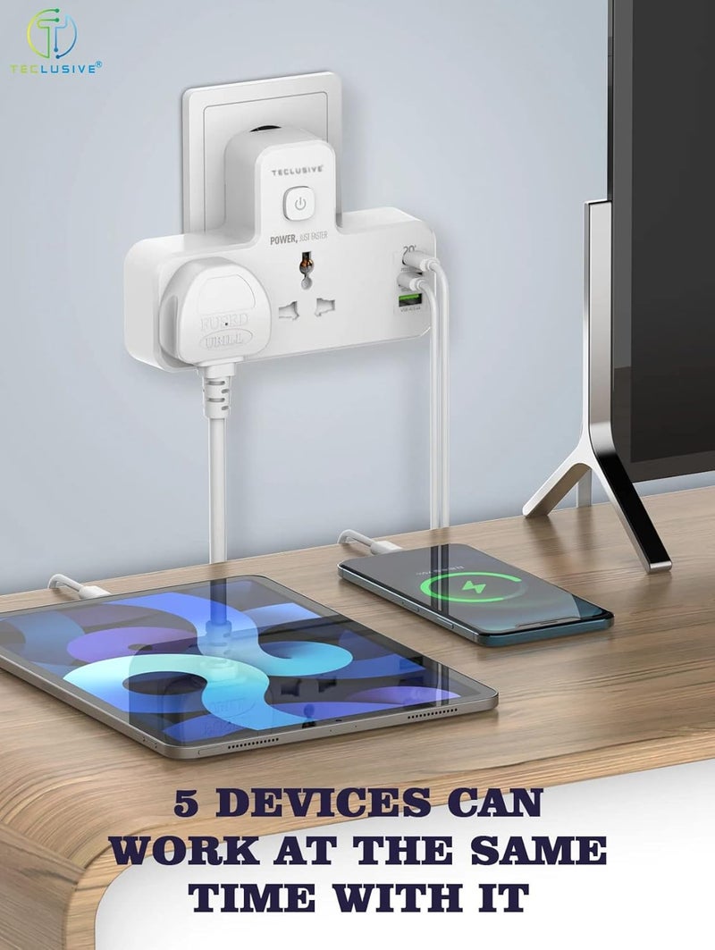 T Teclusive 2500W 10A Extension Power Strip with USB Ports 2 Power Socket with 20W Type C USB PD QC 30 Fast Charging Multi Port Extension with Touch Night Lamp - Image 4