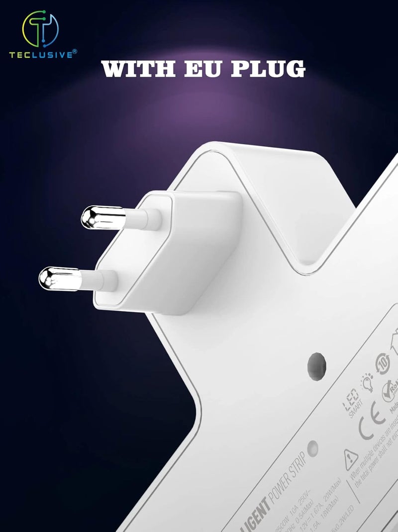T Teclusive 2500W 10A Extension Power Strip with USB Ports 2 Power Socket with 20W Type C USB PD QC 30 Fast Charging Multi Port Extension with Touch Night Lamp - Image 5