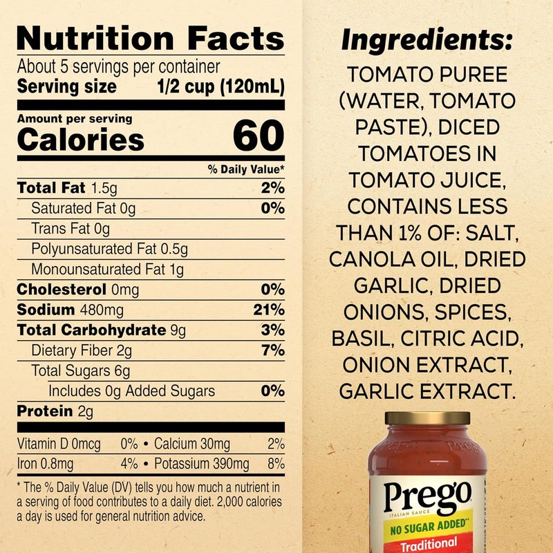 Prego Traditional No Sugar Added Pasta Sauce, 23.5 Oz Jar - Image 2