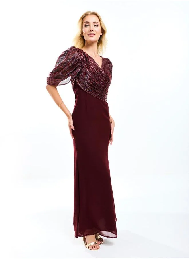 هاوس اوف مودا Wrap Over Draped Puff Sleeves A-Line Maxi Dress by Styli