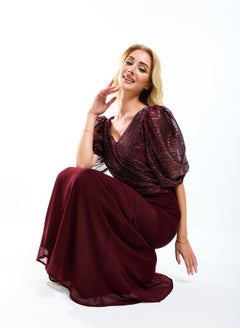 House of Moda Wrap Over Draped Puff Sleeves A-Line Maxi Dress by Styli  - Image 2