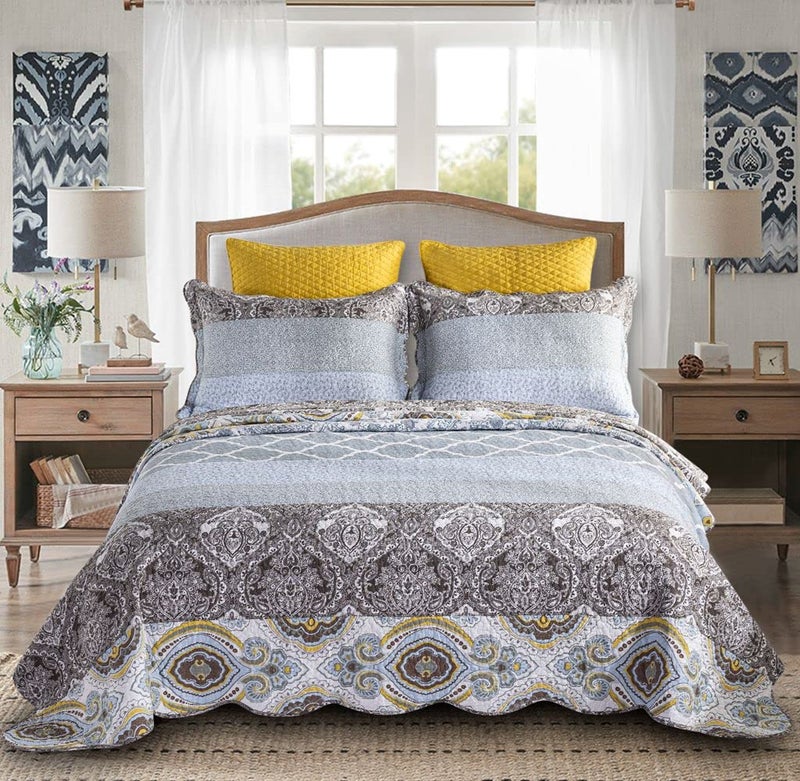 YAYIDAY Quilts King Size Patchwork Bedspread Set  100 Cotton Reversible Breathable Grey Quilted Quilt with Pillow Shams Fit All Seasons