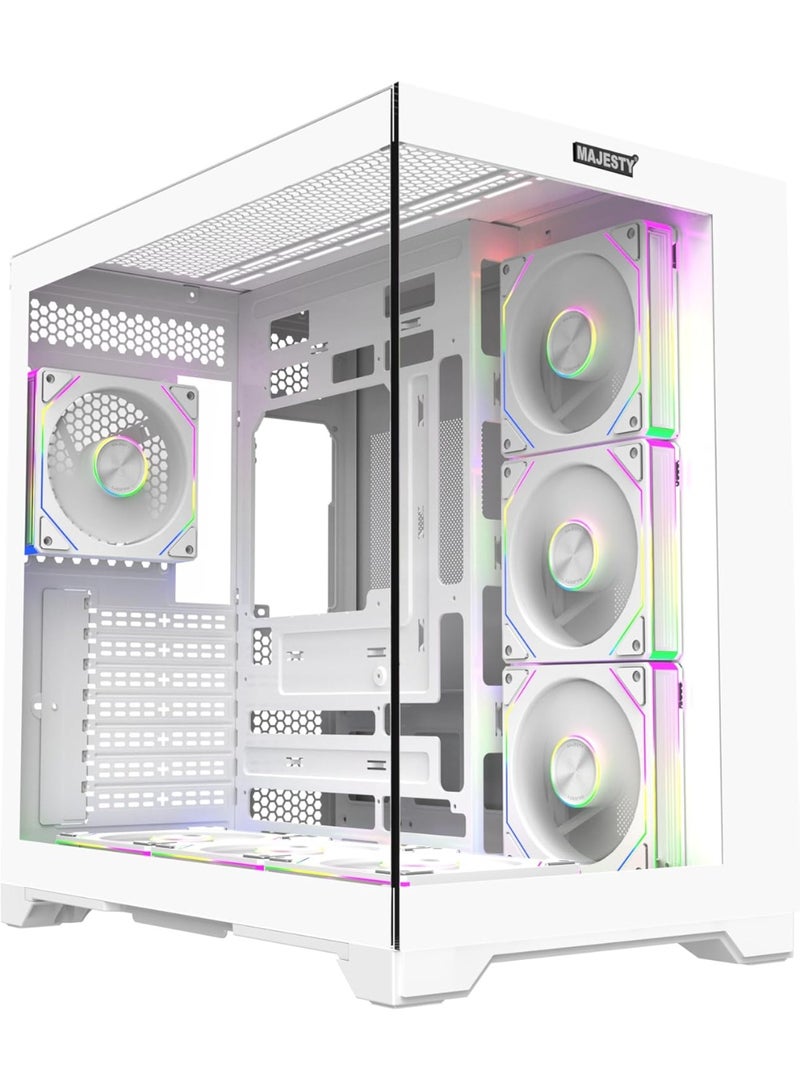 ماجيستي صندوق كمبيوتر ماجيستي GALAXY ميد تاور باللون الأبيض – 7 مراوح ARGB، دعم ATX، تصميم خلفي أنيق