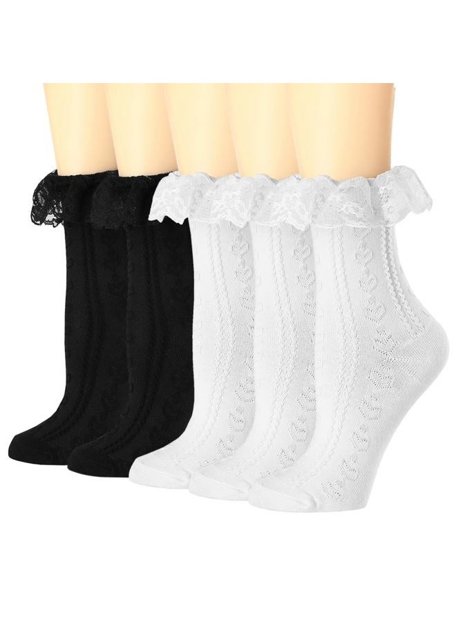 BIVOLU Womens Crew Socks Lace Ruffle Frilly Cotton Cute Princess Ankle Dress Socks for Girl 5 Pack White - Image 1