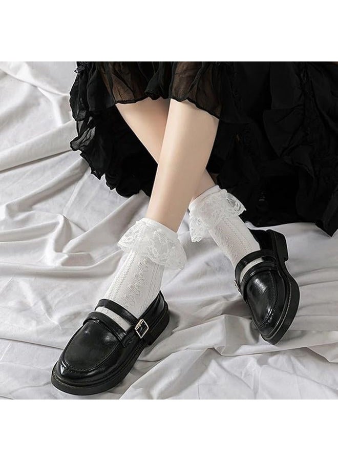 BIVOLU Womens Crew Socks Lace Ruffle Frilly Cotton Cute Princess Ankle Dress Socks for Girl 5 Pack White - Image 4