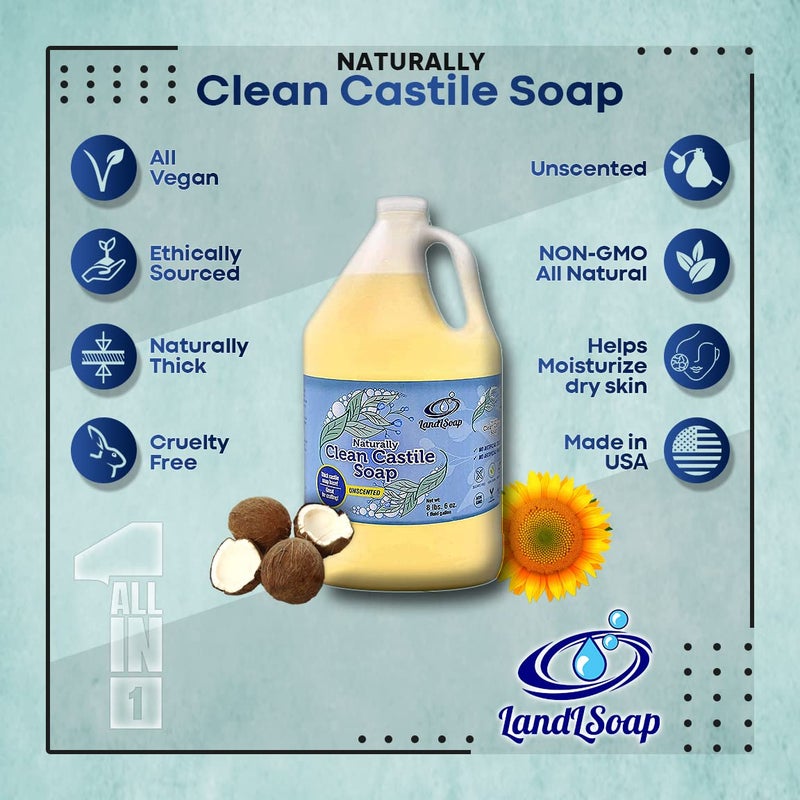 LandLSoap صابون كاستيل سائل غير معطر للوجه واليدين والجسم نباتي غير معدل وراثيًا مصنوع في الولايات المتحدة الأمريكية لجميع أنواع البشرة البشرة الجافة والحساسة 1 جالون - Image 2