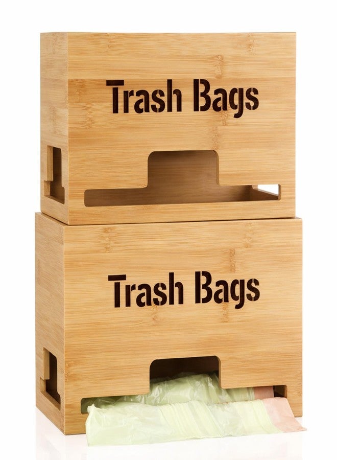 Kathfly 2 Pcs Bamboo Trash Bag Holder Dispenser Stackable Garbage Bag Dispenser, Large and Small Size Trash Organizer for Farmhouse Kitchen Laundry Under Sink, Wall Mounted or Freestanding - Image 1