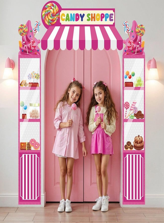 LUUFILx 3 Pcs Candy Shop Party Decorations Candy Theme Porch Banner Pink Sweet Candy Door Hanging Banner Donut Lollipop Sign Awning Backdrop for Baby Shower Birthday Party Supplies Photo Prop Indoor Outdoor - Image 3