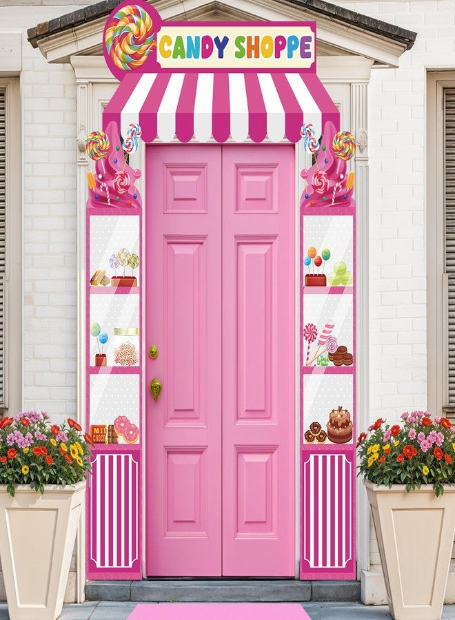 LUUFILx 3 Pcs Candy Shop Party Decorations Candy Theme Porch Banner Pink Sweet Candy Door Hanging Banner Donut Lollipop Sign Awning Backdrop for Baby Shower Birthday Party Supplies Photo Prop Indoor Outdoor - Image 1