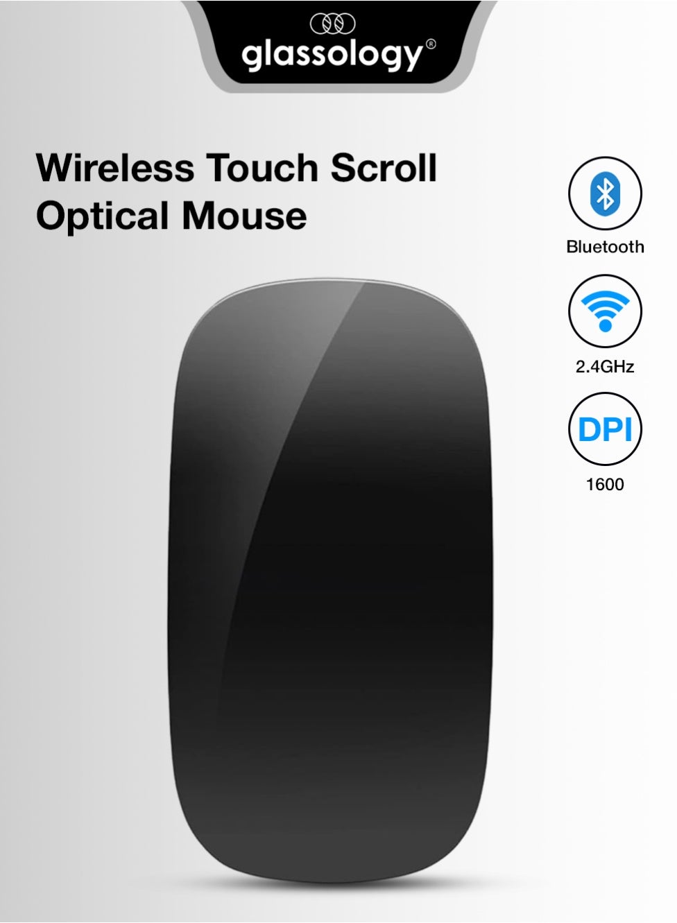 Magic Rechargeable Wireless Touch Scroll Optical Mouse Strong Bluetooth 5.1 Connection 1200 DPI Precision Sensor Ambidextrous Design for iPad iMac Desktop & Laptop in Elegant Black