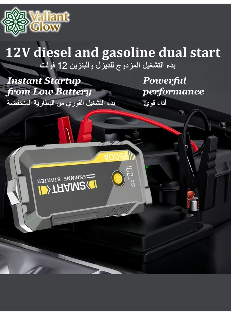 توهج شجاع جهاز تشغيل سيارات محمول بقوة 1500 أمبير (Jump Starter) - معزز بطارية 12 فولت وبنك طاقة، مزود بمصباح LED ومنفذ شحن سريع USB، جهاز تشغيل طوارئ للسيارات وسيارات الدفع الرباعي (SUV). - Image 5