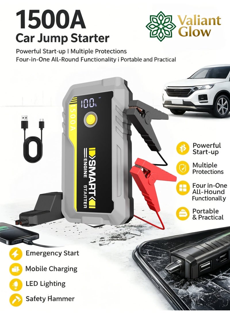 توهج شجاع جهاز تشغيل سيارات محمول بقوة 1500 أمبير (Jump Starter) - معزز بطارية 12 فولت وبنك طاقة، مزود بمصباح LED ومنفذ شحن سريع USB، جهاز تشغيل طوارئ للسيارات وسيارات الدفع الرباعي (SUV). - Image 1