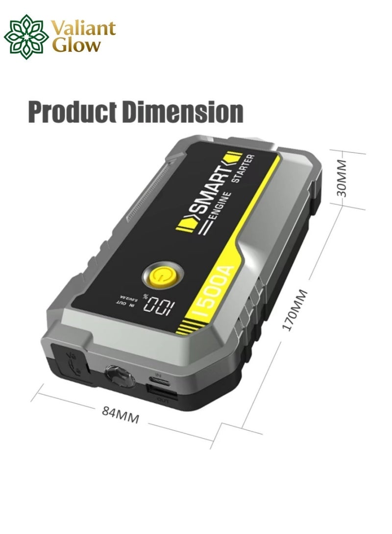توهج شجاع جهاز تشغيل سيارات محمول بقوة 1500 أمبير (Jump Starter) - معزز بطارية 12 فولت وبنك طاقة، مزود بمصباح LED ومنفذ شحن سريع USB، جهاز تشغيل طوارئ للسيارات وسيارات الدفع الرباعي (SUV). - Image 2