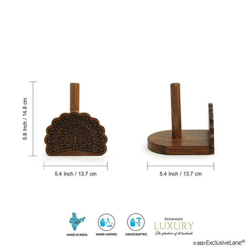 ExclusiveLane ExclusiveLane The Dancing Peacock Hand Carved Toilet Roll Holder Tissue Holder in Sheesham Wood Tissue Roll Stand for Bathroom Toilet Tissue Stand Tissue Holders Toilet Paper Roll Holder  - Image 4