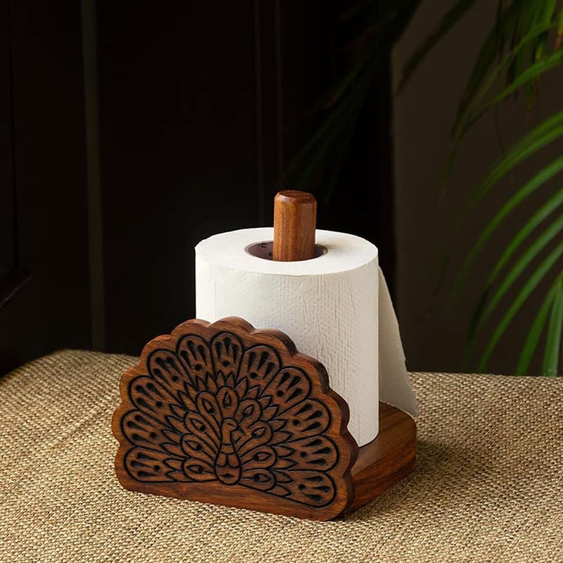 ExclusiveLane ExclusiveLane The Dancing Peacock Hand Carved Toilet Roll Holder Tissue Holder in Sheesham Wood Tissue Roll Stand for Bathroom Toilet Tissue Stand Tissue Holders Toilet Paper Roll Holder  - Image 1