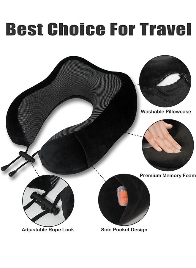 JoyousSto Travel Pillow, Memory Foam Neck Pillow for Traveling, U Shape Neck Pillow Airplane Portable Flight Pillow Travel Kit with 3D Contoured Eye Masks and Earplug for Plane Train Car Home Office Black - Image 3