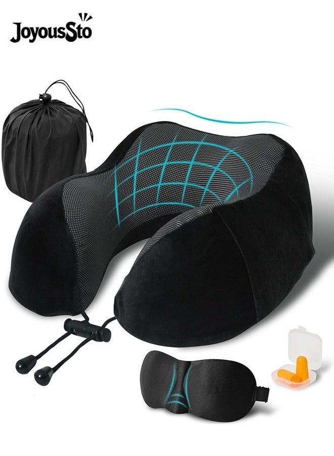JoyousSto Travel Pillow, Memory Foam Neck Pillow for Traveling, U Shape Neck Pillow Airplane Portable Flight Pillow Travel Kit with 3D Contoured Eye Masks and Earplug for Plane Train Car Home Office Black - Image 1