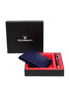 Men Blue Genuine Leather Wallet Gift Set Combo