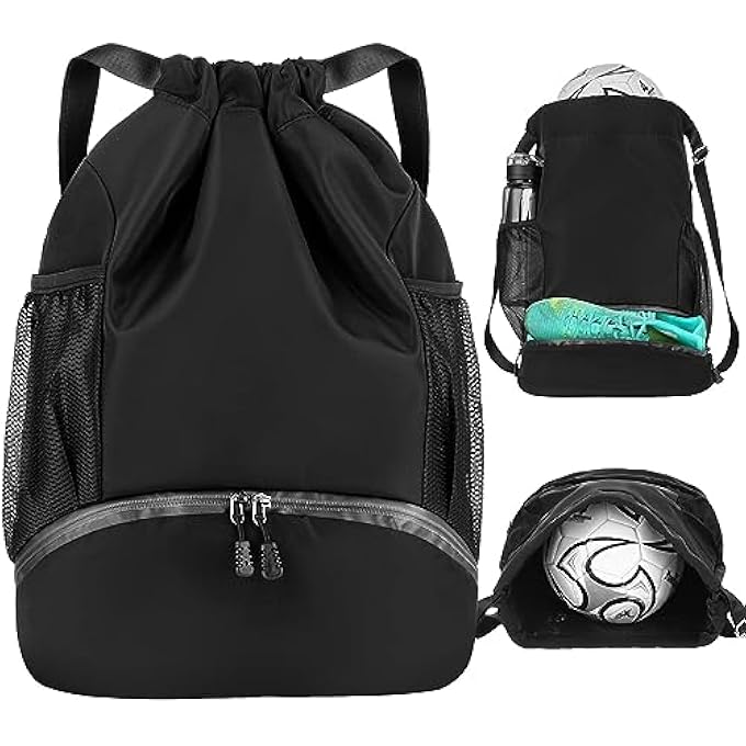 rayihni Drawstring Backpack Dry Wet Separation Storage Bag Backpack Gym Drawstring Backpack with Shoe Compartment and Ball Compartment Soccer Bag Sports Football Backpack for Men Women - Image 1