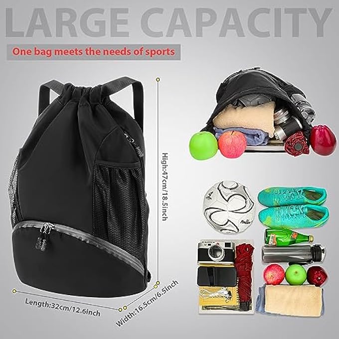 rayihni Drawstring Backpack Dry Wet Separation Storage Bag Backpack Gym Drawstring Backpack with Shoe Compartment and Ball Compartment Soccer Bag Sports Football Backpack for Men Women - Image 3