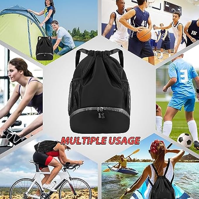 rayihni Drawstring Backpack Dry Wet Separation Storage Bag Backpack Gym Drawstring Backpack with Shoe Compartment and Ball Compartment Soccer Bag Sports Football Backpack for Men Women - Image 5