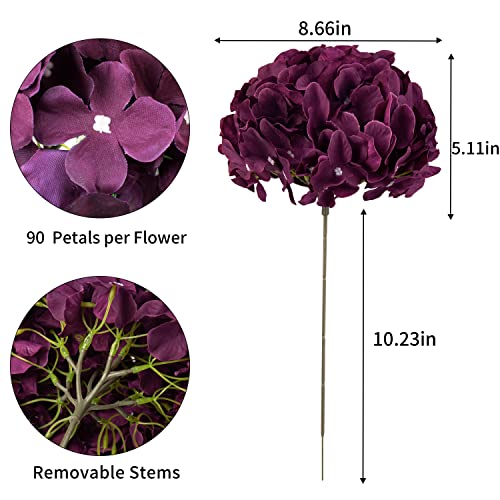DuHouse Silk Hydrangea Artificial Flower Heads with Stems Fake Hydrangeas Flowers for DIY Wedding Centerpiece Home DecorPack of 6Plum - Image 3