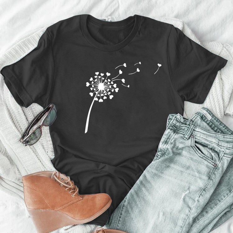 wish independent station foreign trade cross-border dandelion casual simple T-shirt round neck casual ladies short-sleeved shirt Yellow(black font) XL - Image 4